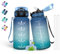 Trinkflasche Kinder, Trinkflasche 500ml, Trinkflasche mit Strohhalm, Leicht zu Reinigen, Trinkflasche Auslaufsicher, Trinkflasche Zeitmarkierung, Wasserflasche für Schule, Reisen, Camping, Blau-Grün