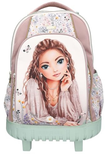 Depesche 13305 TOPModel Summer Feeling - Schulrucksack Trolley in Rosa und Grün, mit Model Motiv und Blumen Muster, Schultasche mit Teleskopgriff und Rollen
