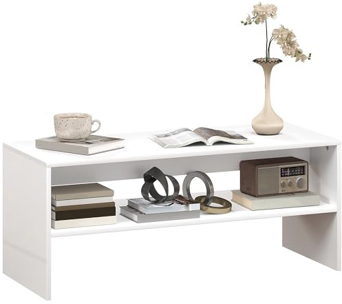 HOMCOM Table basse avec compartiment ouvert, Meubles de salon et salle à manger, Blanc brillant 100 x 40 x 41,5 cm