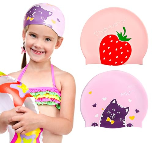 BOBOPACK 2 Pièces Bonnet Bain Enfant, Chat Rose + Fraise Rose, Bonnet de Bain Fille, Conçu pour Le Confort et la Durabilité, pour Les Jeunes Nageurs 6 à 14 Ans