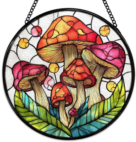 Hiuwevt Mushroom Suncatcher Stained Glass Window Hanging, Mushroom Sun Catchers Indoor Window Glass Wall Art Decor, Cottagecore Round Wall Hanging Decorations, 7.9x7.9 inch