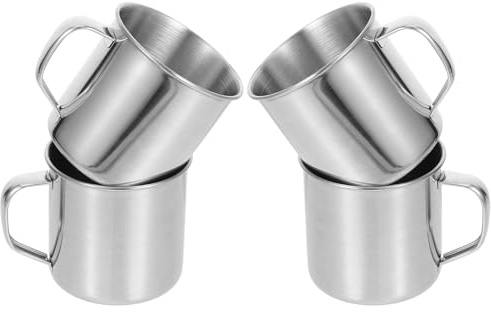 POPETPOP Lot de 4 Tasses à Café en Acier Inoxydable 304, Gobelets de Camping avec Poignée, 7 Cm, pour Boissons Chaudes et Froides, pour Voyage et Plein Air