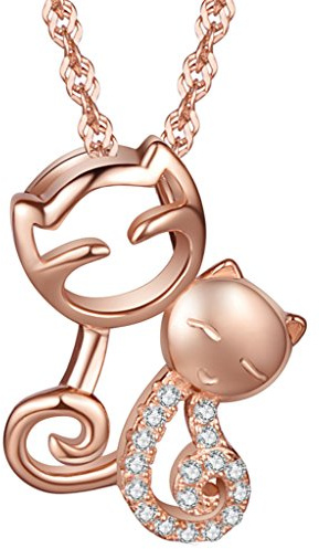 Yumilok Roségold 925 Sterling Silber Zirkonia Niedliche Doppel Kätzchen Katzen Anhänger Halskette Kette mit Anhänger für Damen Mädchen