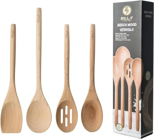 BF BILL.F SINCE 1983 Beech Wooden Cooking Utensil Set, Kitchen Cooking Tools Kitchen Gadgets 4 pieces Spoon & Spatula Mix Perfect for Nonstick Pots and Pans Cookware Turner