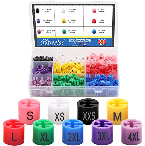 Glarks Lot de 290 marqueurs colorés de tailles XXS à 4XL - 9 couleurs - Assortiment de pinces à taille pour vêtements de 2 à 4 mm utilisés pour les cintres en fil métallique