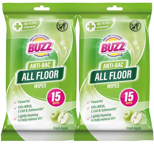 Buzz 30pk Anti-Bac All Floor Wipes, 20cm x 28cm Apple Scented Floor Wipes, Extra Stong Quick-Drying, Safe for All Types of Floors Like Wooden & Laminated, Ideal for Dust Removal & Daily Cleaning