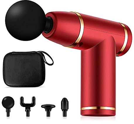 Ergocar Pistola de Masaje Muscular Masajeador Eléctrico Cervical Espalda para Atleta Oficinista Sedentario Alivio del Dolor Muscular 6 Velocidades 4 Cabezas Portable, Botón Estilo-Rojo Oro