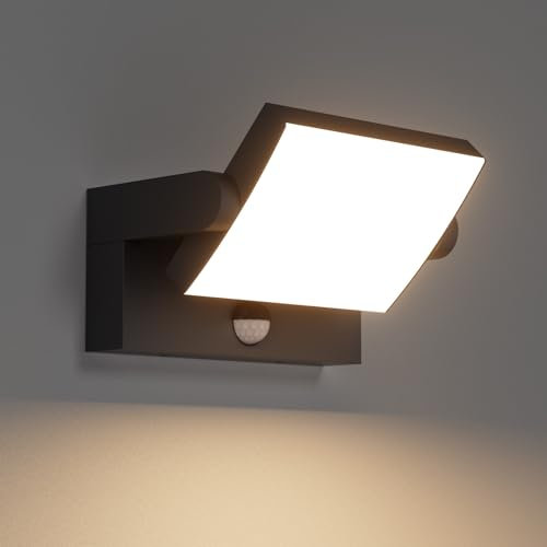 Klighten 24W Outdoor Wall Light with Motion Sensor, Waterproof IP65 Outside Lights with Sensor, Modern LED Wall Lamp with Swiveling LED Panel for Entrance, Terrace, Black, 1510 LM, Warm White 2970K