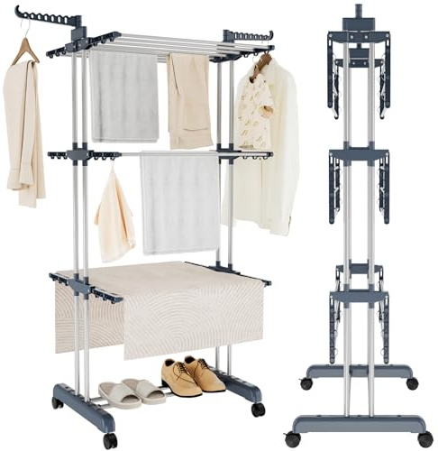 YORKING Clothes Airer 4 Tiers Clothes Drying Rack Foldable Laundry Rack with Casters for Indoor and Outdoor Air Drying Clothing