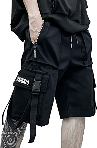 XYXIONGMAO Techwear, pantaloncini cargo da uomo, stile cyberpunk, hip hop, gotico, giapponese, streetwear da uomo, pantaloni tattici gotici, Nero, S