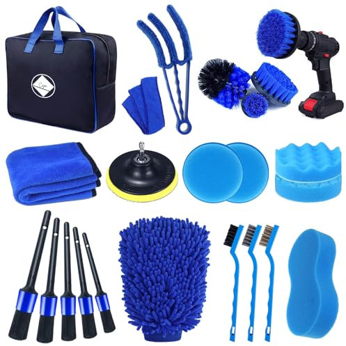 CYA Kit Nettoyage Voiture 23 Pièces Pro-Brosses Perceuse Jantes/Intérieur/Extérieur, Chiffons Microfibre 450g/m²-Nettoyage Complet Rapide Voiture/Moto/Carrosserie, Facile d'utilisation, Bonne qualité
