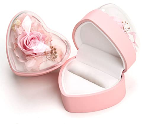 Hsiwto Preserved Flower Rose Ring Box, Heart Shape Velvet Jewelry Box for Valentine's Day Mother's Day Wedding Anniversary Birthday Gift, Pink