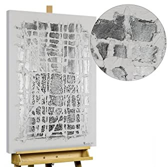 KunstLoft Leinwandbild | 100% HANDGEMALT | 60x90cm | Gemälde 'Through the Grids' | Abstrakt | Silber Weiß | Wandbild Wohnzimmer