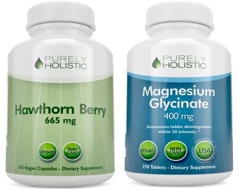 Purely Holistic Hawthorn Berry 665mg + Magnesium Glycinate 400mg + 150 Capsules & 270 Tablets - Vegan Bundle - Made in The USA