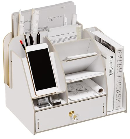 NUODWELL Organizzatore da Scrivania in Legno Aggiornato per Articoli di Cancelleria con Stazione di Docking per Telefono, Organizer da Scrivania con Cassetto e Libreria Portapenne, Scatola