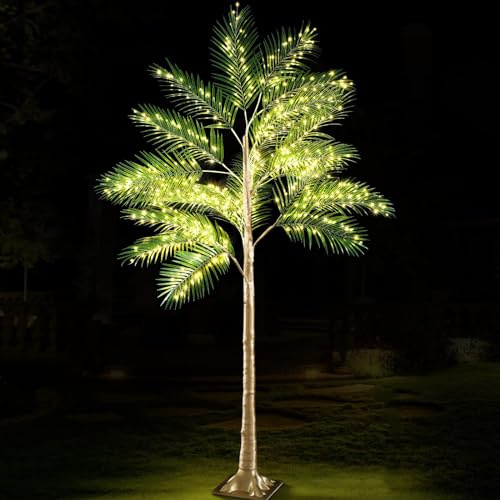 LOGT Palma Artificiale illuminata 210cm, con 560 LED a Luce Bianca Calda e Cavo, Palma Tropicale Artificiale per Uso Interno ed Esterno, per Festa terrazza Giardino Piscina Natale Decorazione,210cm