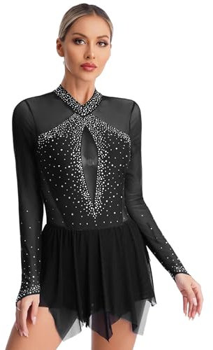 FEESHOW Damen Eiskunstlauf Kleid Langarm Rollschuhkleid Glitzer Mesh Tanztrikot Ballett Leotard mit Tanzrock Eislaufen Wettkämpfe Bekleidung Schwarz_R M