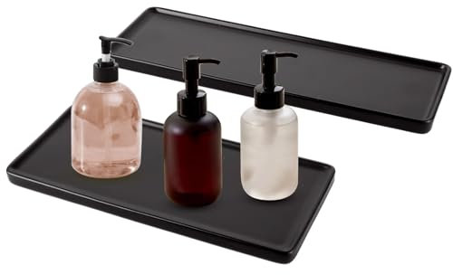 FWEEK 2 pièces Plateau de Salle de Bain Noir, Plateau de Salle de Bain Plateau rectangulaire, Plateau de Rangement de Salle de Bain en céramique pour lavabo, Baignoire et Toilettes, Deux Tailles