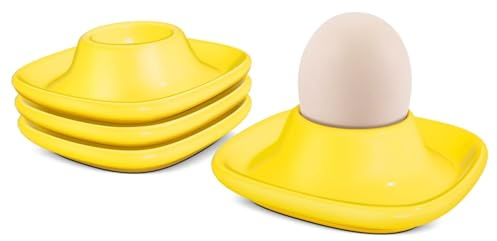 Flexzion mjukt kokt ägghållarset – 4-delad rosa keramisk äggkopp, stapelbara äggkoppar med bas för servering, frukost, brunch – köksbordsdekor, gul