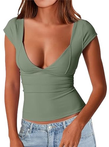 FNKDOR Women's T-Shirts Deep Sexy V Neck Short Sleeve T Shirts Backless Top Double Lined Tee Seamed Cup Going Out Blouse Hide Sweat White Crop Tops for Women White T Shirt(Green,M)