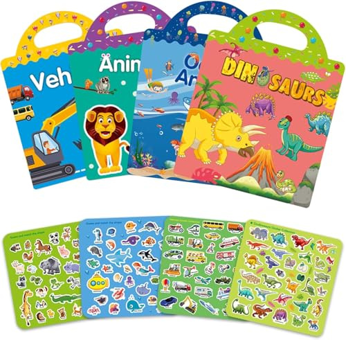 Livres d'autocollants réutilisables pour enfants de 3 à 6 ans, comprend 4 thèmes : animaux, dinosaures, océan, véhicules, livre d'histoires d'autocollants réutilisables et imperméables pour
