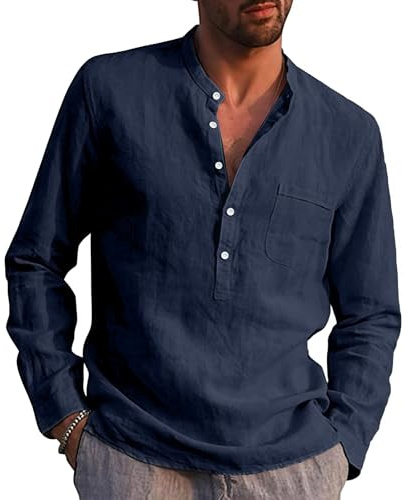 Rodawu Mens Linen Shirts Long Sleeve Casual Cotton Summer Beach Henley Shirt Tops Navy Blue M