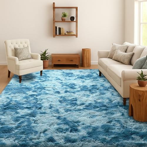 SOANNY Tappeto Soggiorno a Pelo Lungo, Lavabile, Antiscivolo e Morbido, Tie-Dye Shaggy per Camera da Letto e Bambini, Scendiletto, 160x230 cm, Blu Scuro