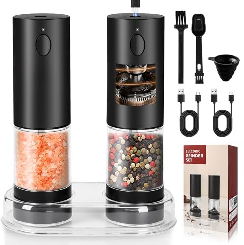 IGUGI Set Macina Sale e Pepe Elettrico,Macinapepe Automatici,Macina Sale e Pepes Elettrico Ricaricabile USB con Base,Macinas Spezie Automatica per Cucina, Ristorante e Barbecue Macinapepe