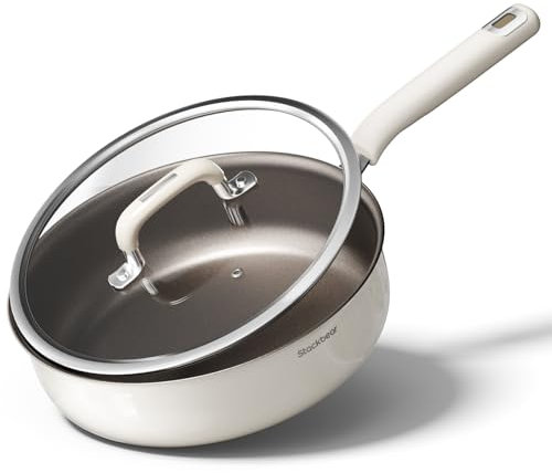 stackbear Nonstick Frying Pan with Lid - Titanium Enhanced Deep Ceramic Saute Pan, Warp-Resistant Tri-Ply Stainless Steel, PTFE/PFOA-Free, Induction Compatible,Cool Handle Non-Toxic,11-Inch