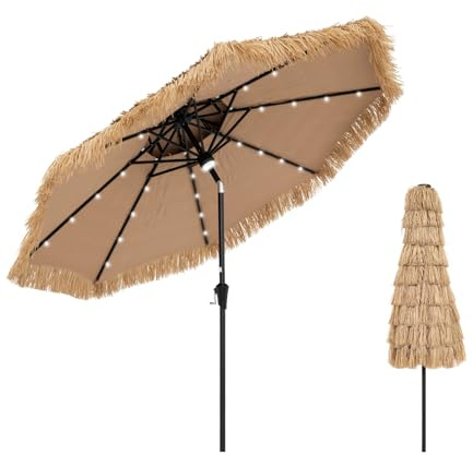 GOPLUS 2,7M Parasol Paille PE avec 32 LED Solaires, Parasol Chaume de Style Hawaïen Tropical avec Double Toit Inclinable, 8 Baleines, 9 Couches, Manivelle, Anti-UV, pour Jardin/Patio/Plage