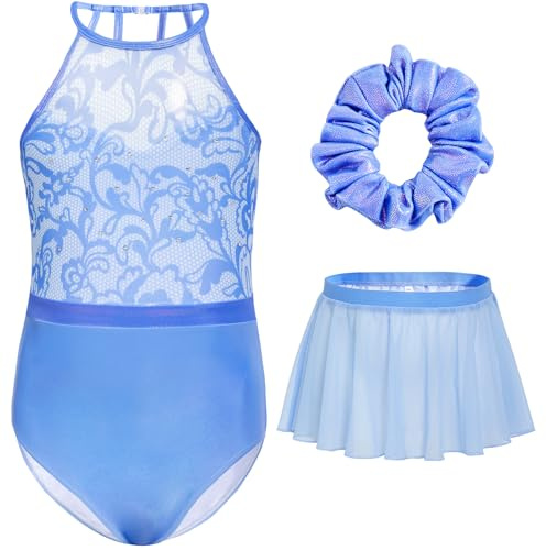 Gogokids - Set da 3 corpetti da ginnastica per ragazze, body da ginnastica per bambini con strass e design floreale in rete, tute da balletto scintillanti che includono body, gonna in chiffon e