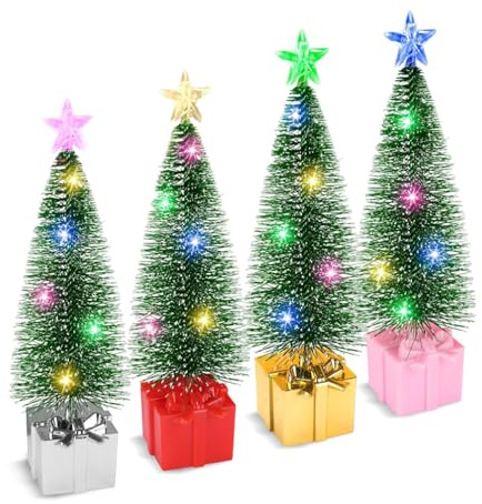 Giugio Mini julgran med LED, 4 stycken konstgjorda granar små, färgglada lampor julgrans-set, konstgjord julgran, juldekoration bord, minigran julbordsdekoration