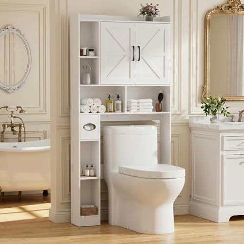 BonVache Over Toilet Storage Unit with Double door, Bathroom Storage Cabinet with 7 Storage Compartments and Tissue Compartment, Adjustable Shelf, for Bathroom and laundry room, White