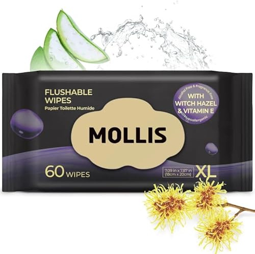 MOLLIS Moist Toilet Tissue Fragrance-free, Witch Hazel Wipes, 60 Count
