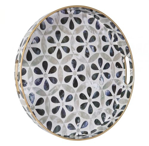 Heaven4you Luxury Elegant Decorative Serving Tray Round Shape Design with Gold Trim | Glossy Finish Organizer or Food Tray for Coffee Table or Dining 33cm x 4cm (Black Floral)