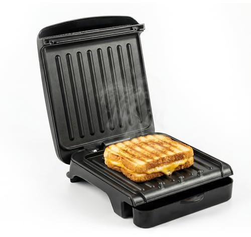 OVENTE 2-Serving Electric Indoor Grill & Panini Press with Easy Clean Non-Stick Plate Coating, Opens 180 Degrees, 8.15 x 7.4 Space Saving Design, 750W Contact Grill for Burgers & More, Black GP222B