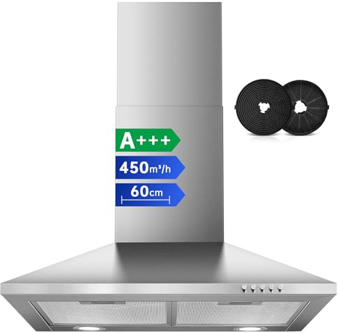 SNDOAS Cappa Aspirante 60 cm, Cappa Cucina con Scarico/Ricircolo, 450 m³/h, A+++, Filtro a Carboni Incluso, 3 Velocità Acciaio Inox Cappa da 60 cm