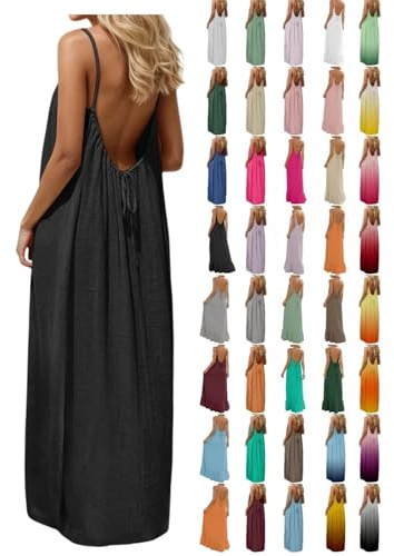 Robe Boheme Chic Caraco Dos Nu sans Manches pour Femme Robes Maxi d'été pour la plage Robe Casual Longue Et Fluide à Bretelles Spaghetti Dress Ample d’intérieur Elegant Couleur Unie Robes de Soirée