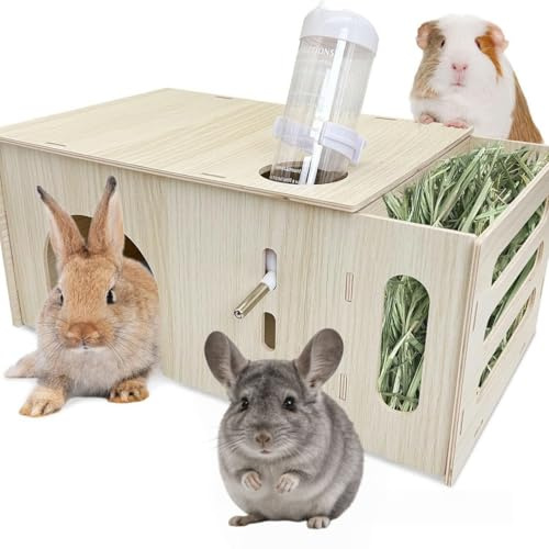 Trähö för marsvin med flaskhållare, 3 i 1 hus som gömställe och leksak, för dvärgkaniner, hamstrar, degus, gerbios, ekorrar, 40 x 17 x 24 cm