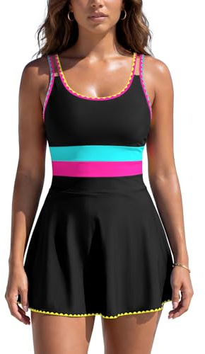 SHEKINI Womens Swim Dress Neon Color Block Tummy Control(Black,L)