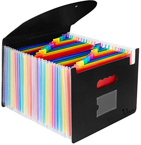 Uquelic Fächermappe A4 Erweiterbar Ordnungsmappe/Kapazität-Ständer Sortiermappe A4 24 Taschen Akkordeon Kunststoff Dokumentenmappe A4 Dokumententasche mit Deckel und Geschäftskartenhalter