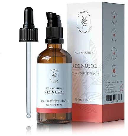 Kräuterland Rizinusöl Bio Hautöl, 100ml - Rizinus Öl kaltgepresst, naturrein - Pflege für Gesicht, Haut, Haare, Bart, Augenbrauen und Wimpern - Pflegeöl in Premium Qualität