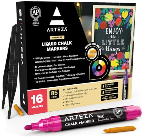 ARTEZA Liquid Chalk Markers, Set of 16 Bright Colors, Water-Based Erasable Chalk Pens with Replaceable Tips, Labels, Stencils & Tweezers for Chalkboards, Glass, Windows & Mirrors
