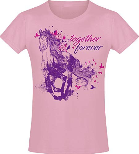 Pferde T-Shirt Mädchen - Together Forever - Pferd Tshirt - Reiterin Geschenk Reitbekleidung Kinder (Light Pink 140)