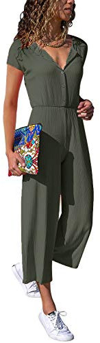 Cassiecy Jumpsuit Damen Elegant Kurzarm Playsuit V-Ausschnitt Casual Lose Overalls Lang Romper (M, Grün)
