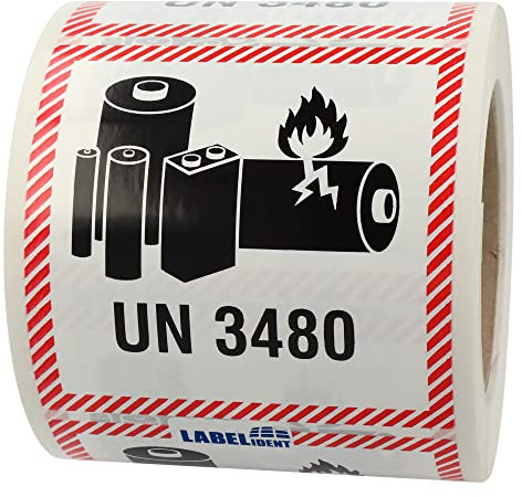 Transportaufkleber - Lithium-Ionen-Batterien, UN 3480-100 x 100 mm - 500 Batterie Aufkleber auf 1 Rolle(n), Akku Etiketten