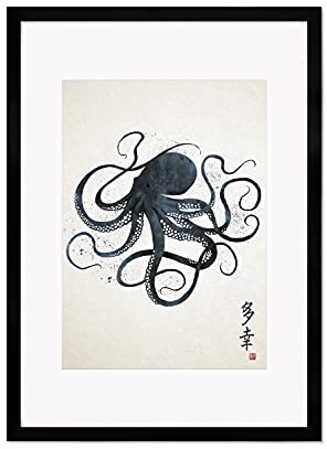 Strand Clothing Japanese Octopus Calligraphy Art Print Poster - Woodblock Ukiyo-e Wall Art (A3 Black Frame + Mount)