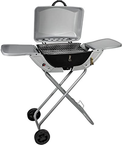 DRULINE 2in1 50mbar - Grill a Gas Griglia da Tavolo - Barbecue con Coperchio E Piedini di Supporto, Pieghevole, 2 Ruote, BBQ - Standgasgrill - Campeggio Pieghevole - Balcone - Argento/Nero