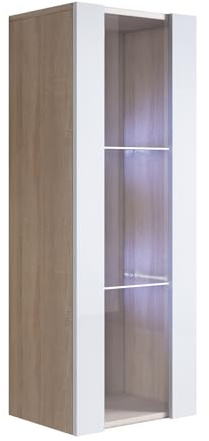 MB Muebles Bonitos, Vitrina Colgante Luke V2 para Salón o Comedor Moderno con Luz LED, Mueble Modular de Melamina Mate y Brillo, Color Sonoma y Blanco, 40x126x29 cm