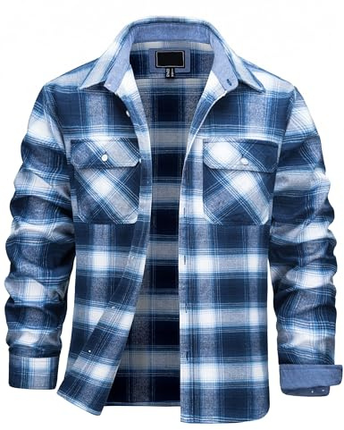 TACVASEN Mens Shirts Long Sleeve Cotton Casual Shirt Regular Fit Flannel Shirts Checked Button Down Shirts with Pockets Blue White,XL